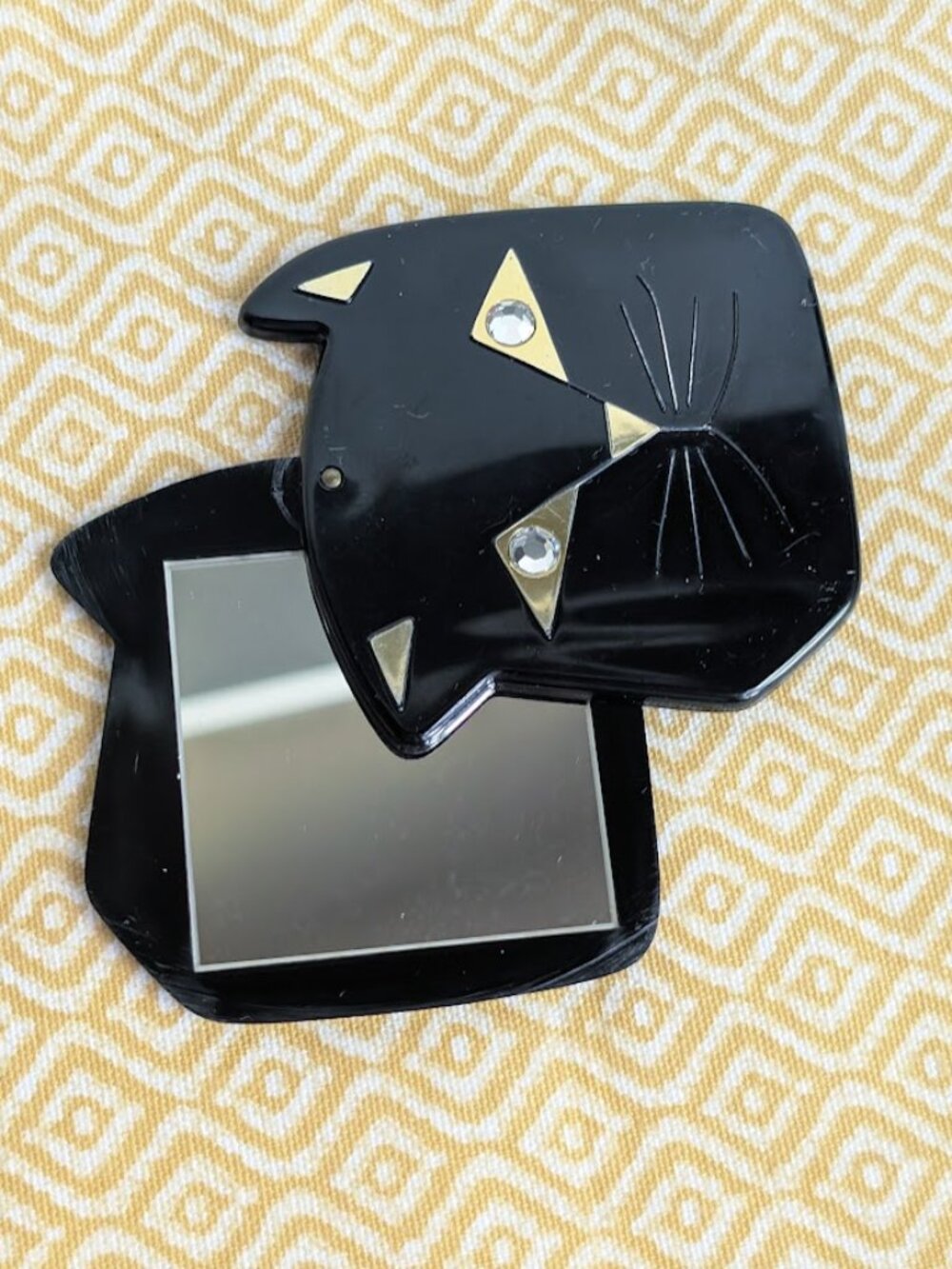1987 E & B Giftware Compact Mirror Slide Open Black Cat Face Rhinestone Eyes